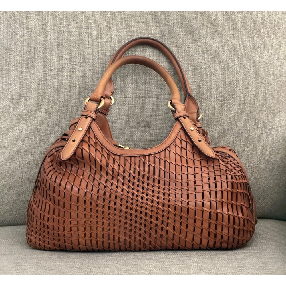 Cole Haan Woven Leather Hobo Bag Cognac Brown Satchel Gold Hardware